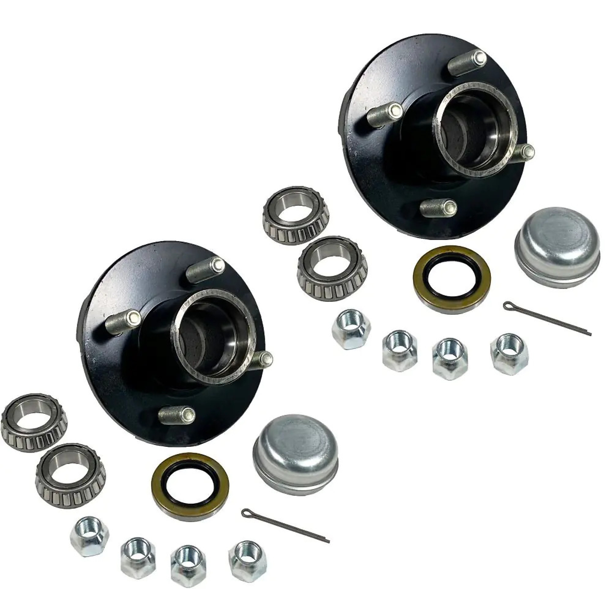 Rigid Hitch, Pair of 4-Bolt Idler Hubs Kit for 1 inch Straight Spindles, 4-Bolt on 4in Circle, For 2000 lb Axle, 1250 lb Capacity per Hub, Complete Bearing and Seal Kit, Model#  BT-100-PR